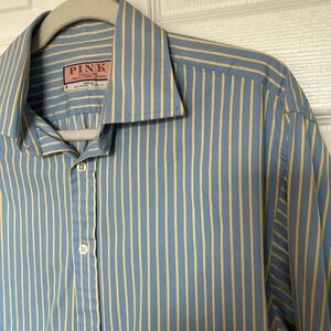 PINK Thomas French Cuff Dress Shirt 16 34.5 Blue Yellow Stripe Collar U.K.